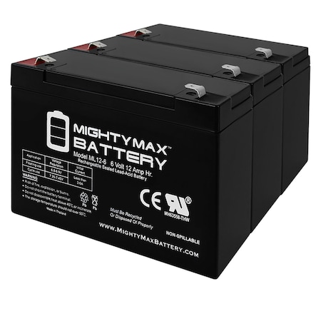 6V 12AH F2 SLA Battery For Sunnyway SW6100, SW6120, SW6140 - 3PK